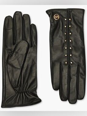 Michael Kors Black Leather Gloves with Gold Studs & Logo